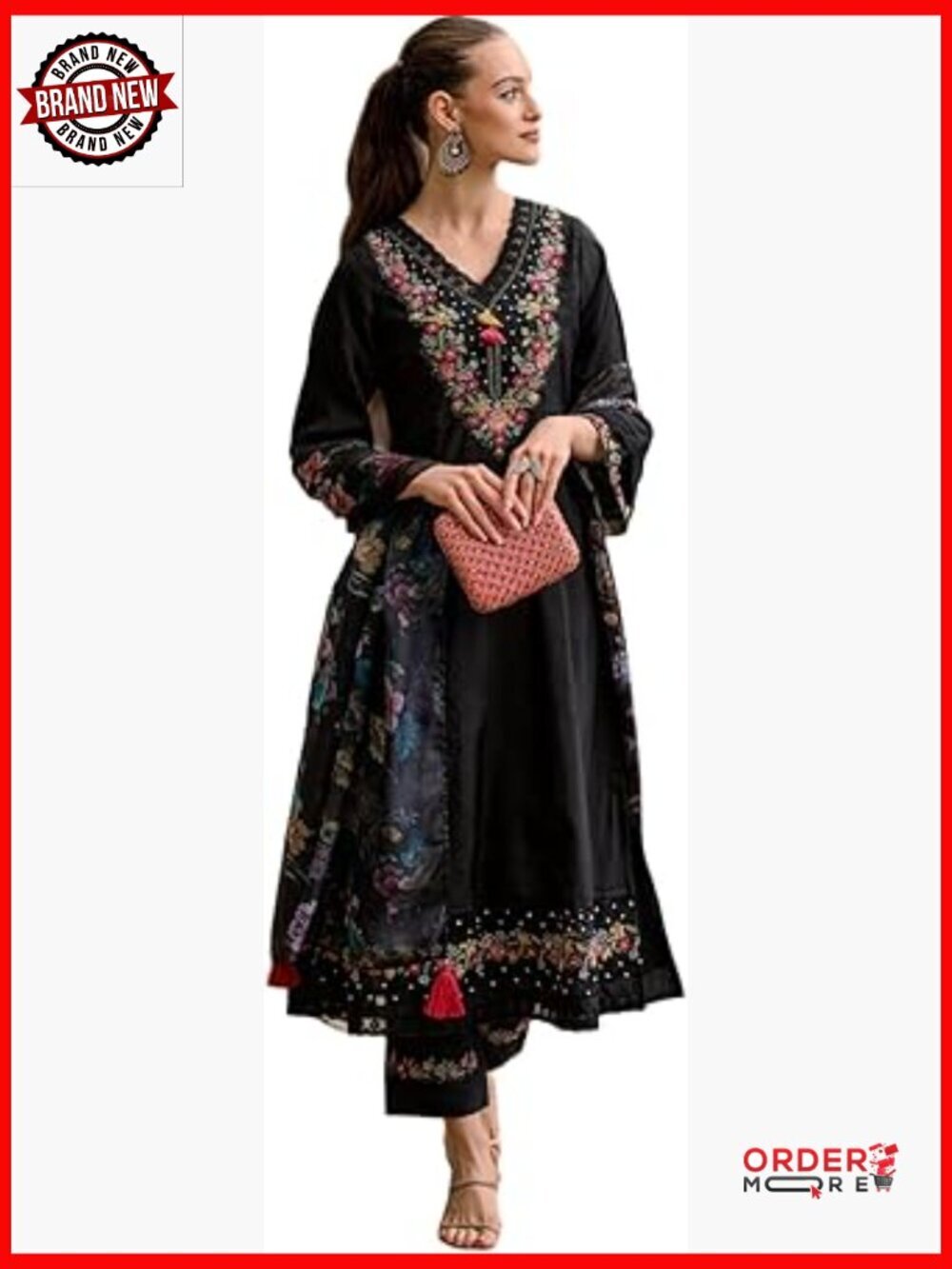 Embroidered Anarkali Salwar Suit 3pc Set, Floral Print Dupatta, Sizes S-XXL